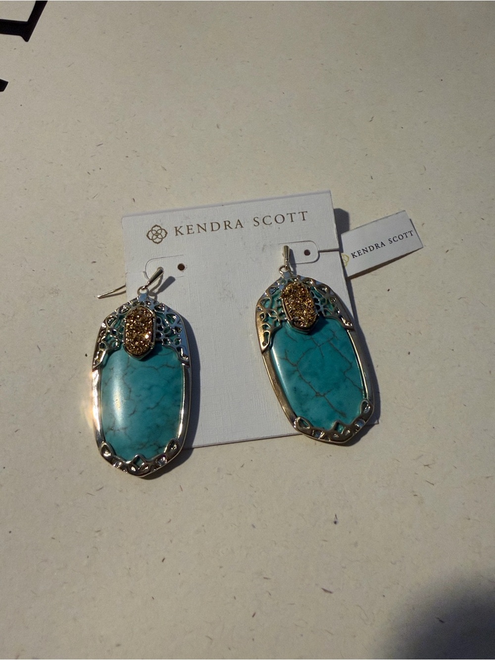 NWT Rare Retired Kendra Scott Deva Turquoise Gold Drusy Statement Earrings